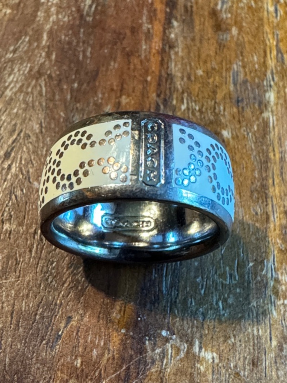 Coach White Op Art Bias Enamel Wide Band Ring